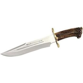 Electropolis Cuchillo de Caza Muela Magnum MAGNUM-26, puño de asta de Ciervo con Roseta, Defensa INOX y latón, Peso de 710 Gramos + Tarjeta Multiusos de Regalo