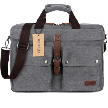 BAOSHA BC-07 Maletín para Hombre de Lona Cuero Bolsos de Mano Bolsas para Portátil 15,6 17 pulgadas Funda Estuche de Laptop para Netbooks Portátiles Ordenador Portátil Bolsa de Mensajero Bolsos Bandolera de Oficina Trabajo Viaje (Gris)