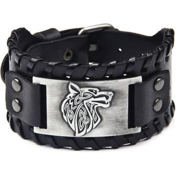 Pulsera Retro Vikinga de Cuero con Cabeza de Lobo