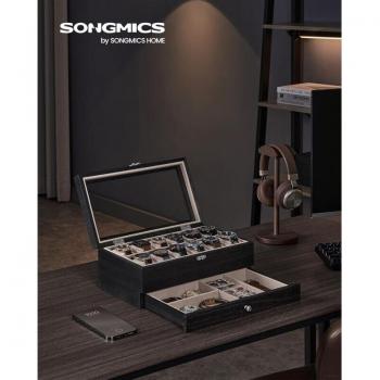 Caja de Relojes SONGMICS: 12 Ranuras, Estuche 2 Niveles, Tapa de Cristal