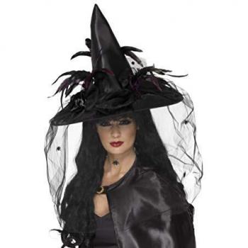 Sombrero de Bruja con Plumas y Tul Negro
