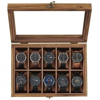 Caja de relojería de madera maciza con tapa de cristal y diez ranuras