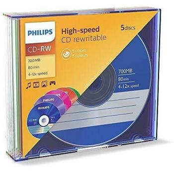 PHILIPS CD-RW 700MB 5-Pack Slim Case colored discs 4-12x