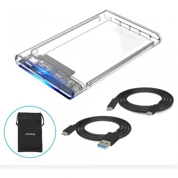ELUTENG Transparent External Hard Disk Box for 9.5mm & 7mm 2.5 SATA HDD and SSD, USB Type C 3.1 (Gen 1) UASP Super Speed External Hard Drive Enclosure with Two Cable (USB C to C, USB C to A)