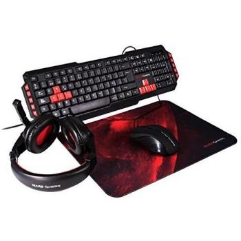 Mars Gaming Pack Tastiera USB 4 in 1 Tasti Multimediali, Antighosting + Mouse 2800dpi + Cuffie con Microfono + Tappetino