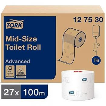 Tork 127530 Rollos de papel higiénico Advanced suave T6 / Rollos wc de 2 capas compatibles con el sistema para papel higiénico compacto Tork T6, 27 rollos x paquete
