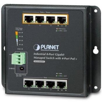 PLANET WGS-804HPT Gigabit Wall-mount Switch with 8 PoE+ RJ45 Ethernet Ports and Redundant Power Input of 48V to 56V DC, -40°C to +75°C Temperature Range
