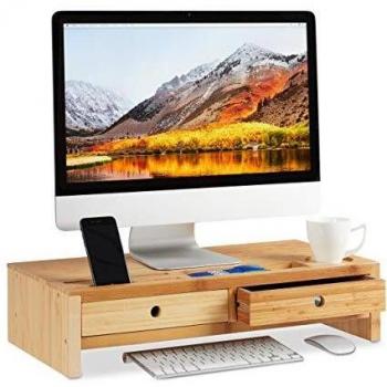 Supporto Monitor Bambù Relaxdays – Rialzo PC 2 Tiretti Scomparti 14x60x30 cm Bianco/Legno Naturale